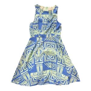 Everly Blue & Light Green Geometric Fit-and-Flare Dress